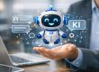 Person im Büro hält eine Hand, darüber schwebt ein freundlicher KI-Chatbot mit holografischen Chat-Symbolen.