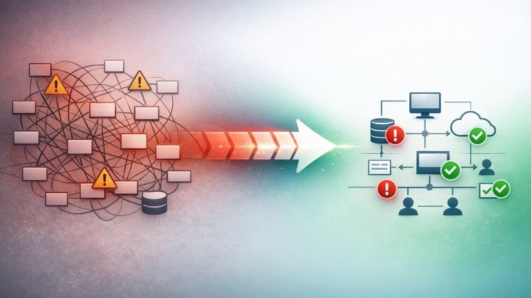 Illustration eines Übergangs von chaotischer zu strukturierter Systemarchitektur: Links ein unübersichtliches Netzwerk mit vielen Verbindungen und Warnsymbolen, in der Mitte ein Pfeil als Prozessdarstellung, rechts eine klar strukturierte Architektur mit markierten Risiken und erfolgreichen Sicherheitsmaßnahmen.