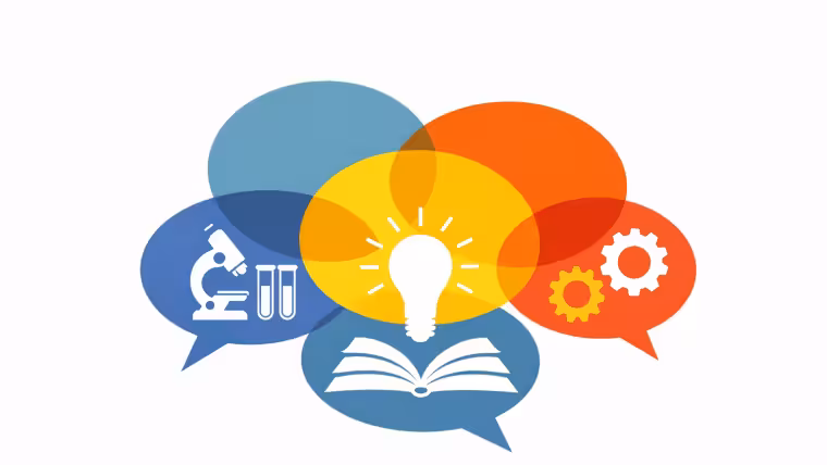 Überlappende Sprechblasen symbolisieren den Austausch zwischen Universität, Forschung und Praxis. Aus dem Dialog entstehen neue Ideen und Perspektiven.