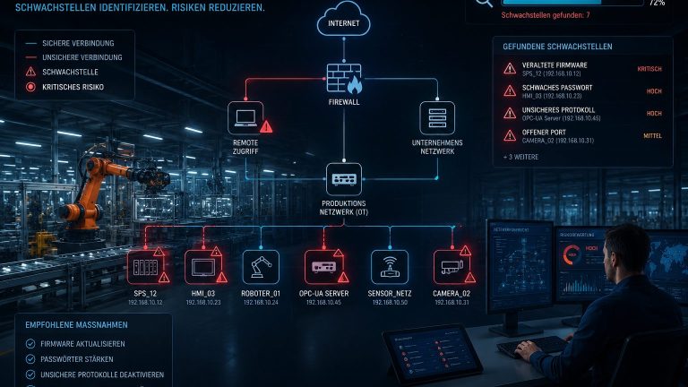 Grafische Darstellung eines Produktionsnetzwerks mit verbundenen IT- und OT-Systemen. Ein Netzwerkscan zeigt mehrere gefundene Schwachstellen, unter anderem veraltete Firmware, schwache Passwörter, unsichere Protokolle und offene Ports. Empfohlene Maßnahmen wie Firmware-Updates, stärkere Passwörter und Netzwerksegmentierung werden hervorgehoben.