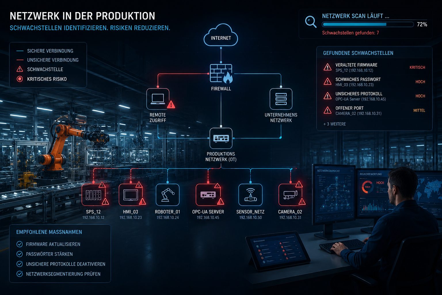 Grafische Darstellung eines Produktionsnetzwerks mit verbundenen IT- und OT-Systemen. Ein Netzwerkscan zeigt mehrere gefundene Schwachstellen, unter anderem veraltete Firmware, schwache Passwörter, unsichere Protokolle und offene Ports. Empfohlene Maßnahmen wie Firmware-Updates, stärkere Passwörter und Netzwerksegmentierung werden hervorgehoben.