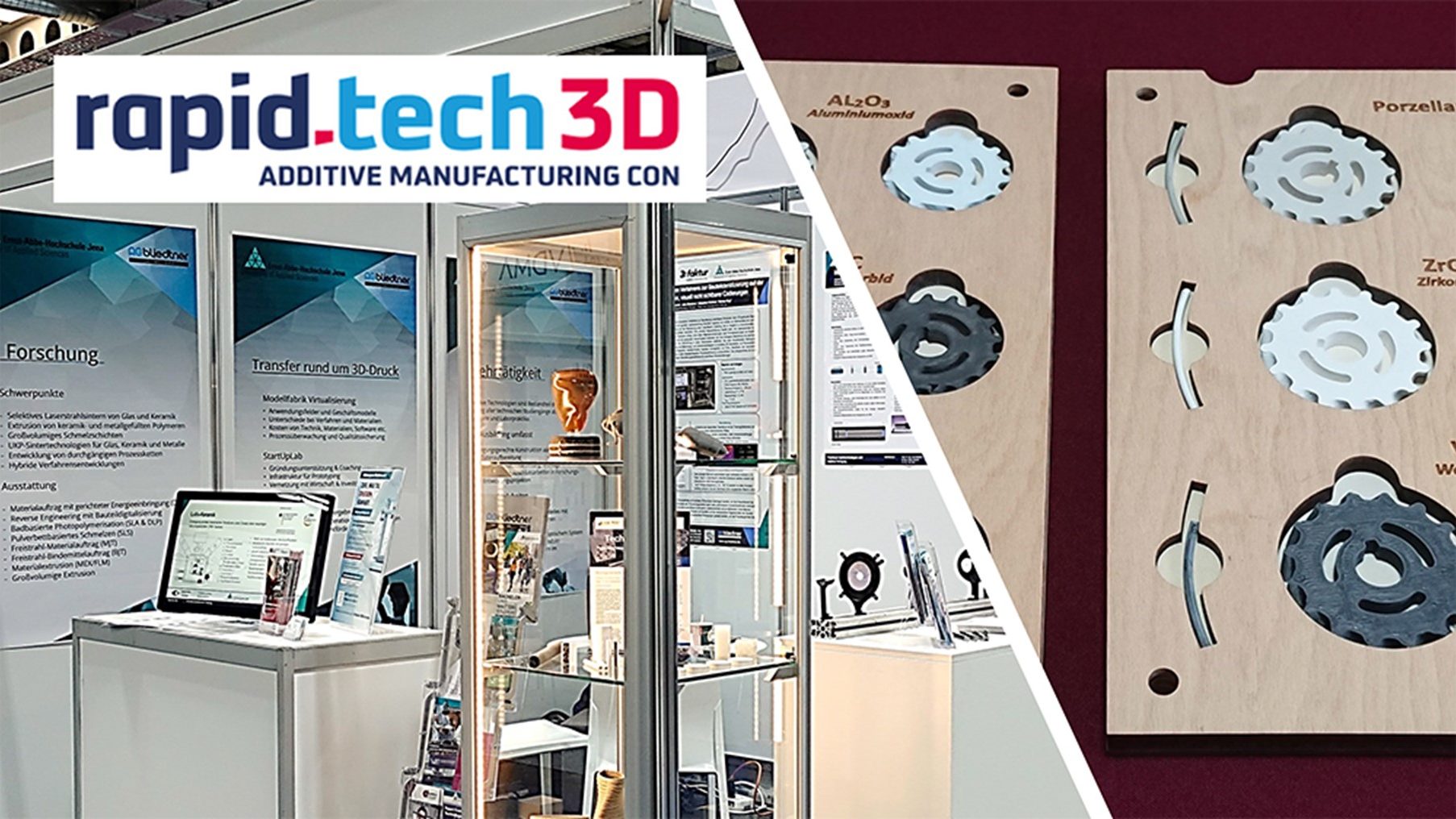 Ein Messestand mit Glasvitrine. Verschiedene kleine 3D-gedruckte Teile.