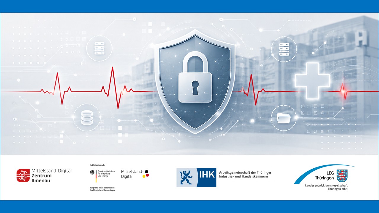 Banner zur Online-Veranstaltung „Cyberfit im Gesundheitswesen: IT-Sicherheit als Grundlage moderner Versorgung“ mit Schloss-Schild, EKG-Linie und medizinischem Kreuz; darunter Logos der beteiligten Partner.