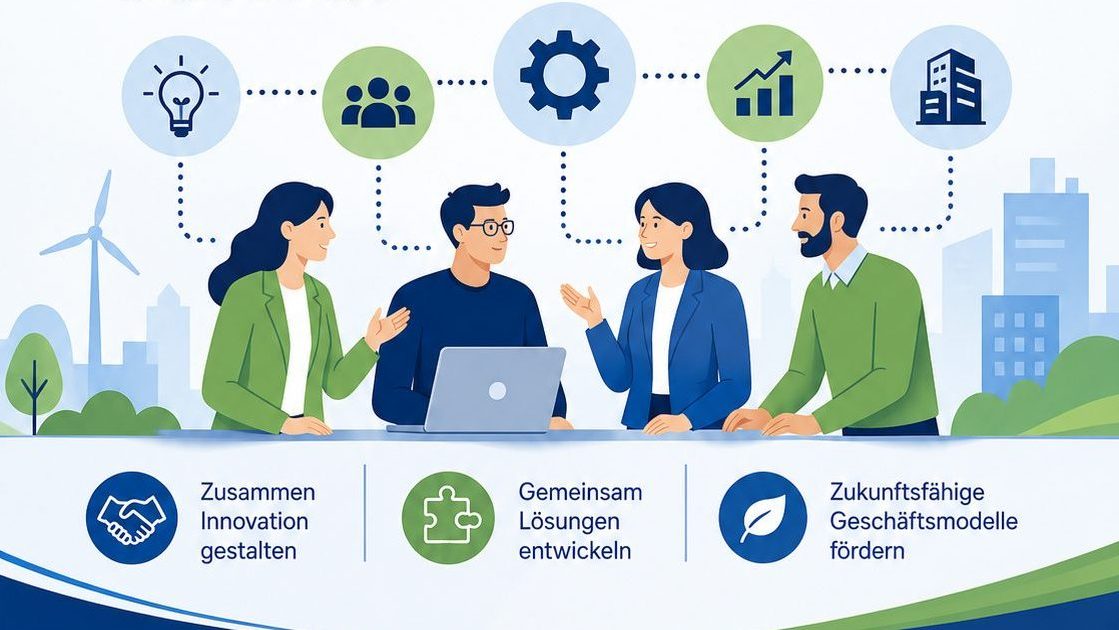 IGP-Förderaufruf für Cross-Innovationen Grafik zum neuen IGP-Förderaufruf des Bundeswirtschaftsministeriums. Im Mittelpunkt stehen gemeinschaftlich entwickelte Cross-Innovationen von Unternehmen, dargestellt durch eine Gruppe arbeitender Personen, vernetzte Icons und Symbole für Ideen, Zusammenarbeit, Wachstum und Geschäftsmodelle.