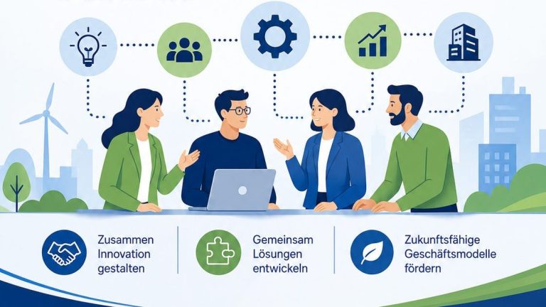 Grafik zum neuen IGP-Förderaufruf des Bundeswirtschaftsministeriums. Im Mittelpunkt stehen gemeinschaftlich entwickelte Cross-Innovationen von Unternehmen, dargestellt durch eine Gruppe arbeitender Personen, vernetzte Icons und Symbole für Ideen, Zusammenarbeit, Wachstum und Geschäftsmodelle.