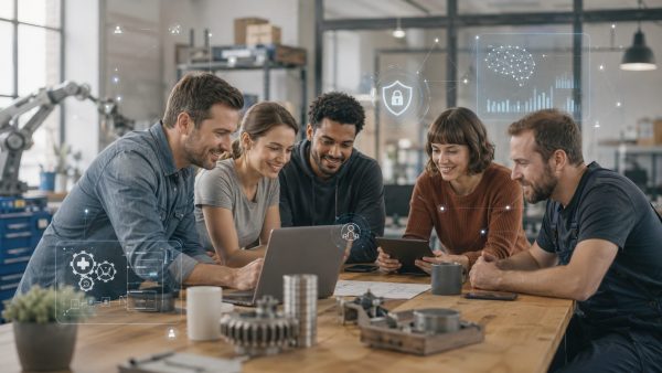 KI und Digitalisierung im Mittelstand Fünf Personen sitzen gemeinsam an einem Tisch in einer Werkstatt- oder Produktionsumgebung und arbeiten mit Laptop und Tablet. Im Vordergrund liegen technische Bauteile und Werkzeuge. Über dem Bild sind digitale Symbole und grafische Elemente eingeblendet, darunter ein Schloss, ein Netzwerkdiagramm, Diagramme und Prozesssymbole, die Themen wie Künstliche Intelligenz, Digitalisierung, Datensicherheit und Zusammenarbeit veranschaulichen.