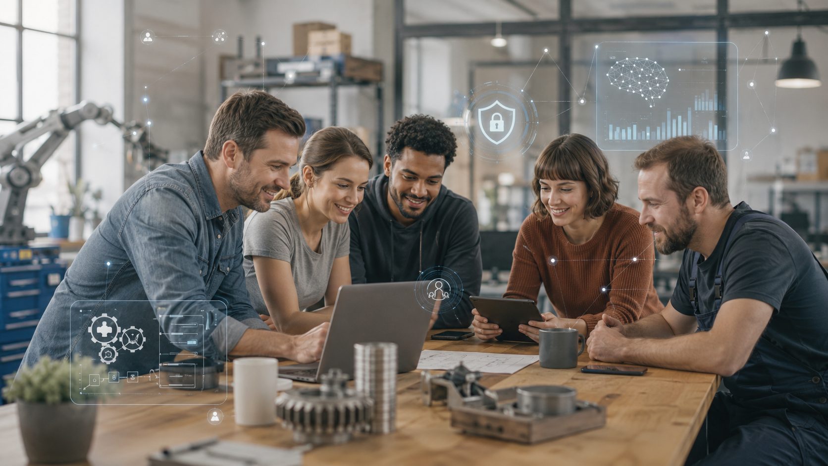 KI und Digitalisierung im Mittelstand Fünf Personen sitzen gemeinsam an einem Tisch in einer Werkstatt- oder Produktionsumgebung und arbeiten mit Laptop und Tablet. Im Vordergrund liegen technische Bauteile und Werkzeuge. Über dem Bild sind digitale Symbole und grafische Elemente eingeblendet, darunter ein Schloss, ein Netzwerkdiagramm, Diagramme und Prozesssymbole, die Themen wie Künstliche Intelligenz, Digitalisierung, Datensicherheit und Zusammenarbeit veranschaulichen.
