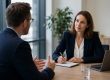 Zwei Personen sitzen sich an einem Tisch in einem Büro gegenüber und führen ein Interview. Eine Person macht sich Notizen auf einem Block, während die andere spricht. Auf dem Tisch stehen ein Laptop und ein Glas Wasser im Hintergrund eines modernen, hellen Büroraums.