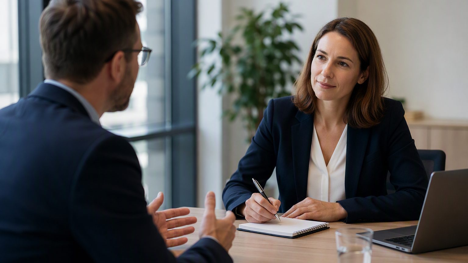 Zwei Personen sitzen sich an einem Tisch in einem Büro gegenüber und führen ein Interview. Eine Person macht sich Notizen auf einem Block, während die andere spricht. Auf dem Tisch stehen ein Laptop und ein Glas Wasser im Hintergrund eines modernen, hellen Büroraums.