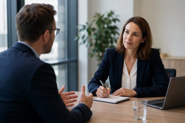 Zwei Personen sitzen sich an einem Tisch in einem Büro gegenüber und führen ein Interview. Eine Person macht sich Notizen auf einem Block, während die andere spricht. Auf dem Tisch stehen ein Laptop und ein Glas Wasser im Hintergrund eines modernen, hellen Büroraums.