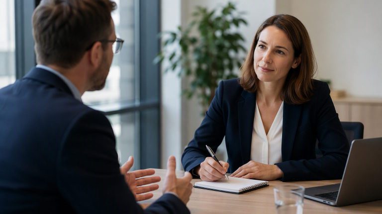 Interview zur strategischen KI-Nutzung in KMU Zwei Personen sitzen sich an einem Tisch in einem Büro gegenüber und führen ein Interview. Eine Person macht sich Notizen auf einem Block, während die andere spricht. Auf dem Tisch stehen ein Laptop und ein Glas Wasser im Hintergrund eines modernen, hellen Büroraums.