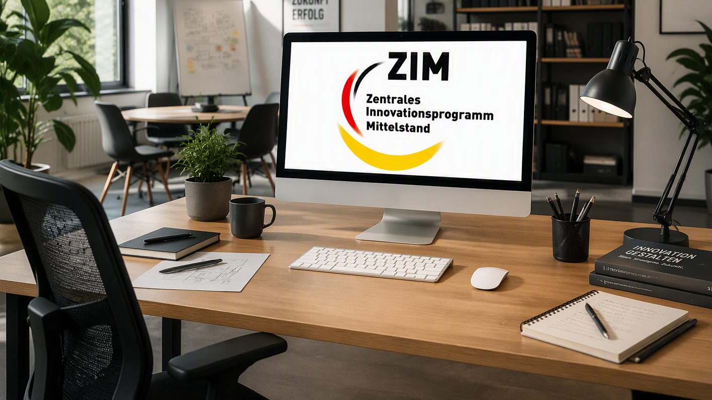Moderner Computer auf einem Schreibtisch in einer Büroumgebung. Auf dem Bildschirm ist das Logo des Zentralen Innovationsprogramms Mittelstand (ZIM) mit den Schriftzügen „ZIM“ und „Zentrales Innovationsprogramm Mittelstand“ zu sehen. Auf dem Schreibtisch befinden sich Tastatur, Maus, Notizbuch, Stifte, eine Schreibtischlampe sowie Pflanzen im Hintergrund.