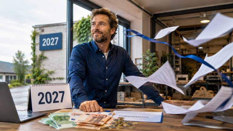 Rückenwind für den Mittelstand 2027 Unternehmer in einem kleinen Betrieb mit Euro-Banknoten und Münzen auf dem Tisch, während vom Wind aufgewirbelte Unterlagen durch den Raum fliegen. Ein Kalender zeigt das Jahr 2027.