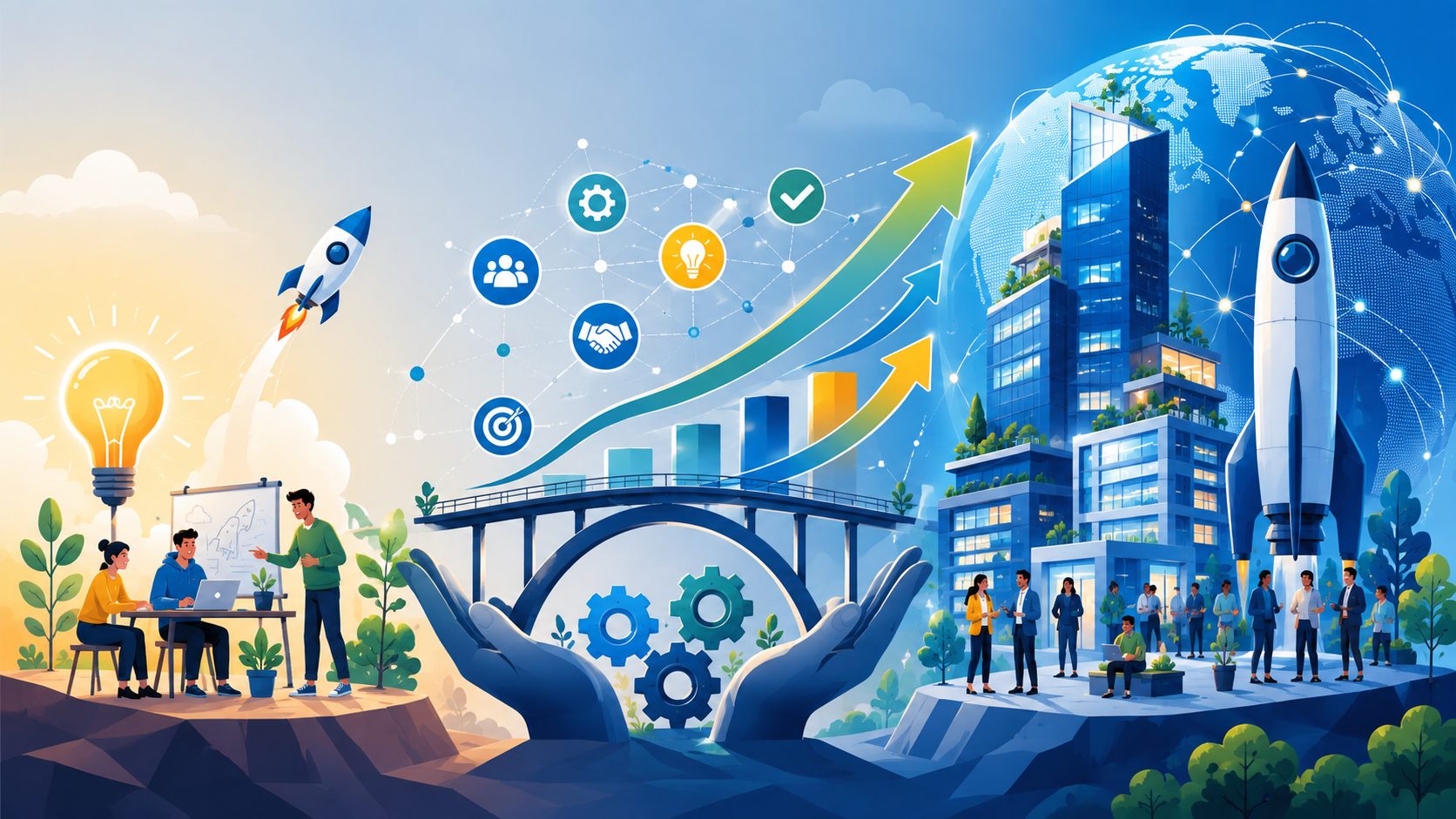 Von der Gründung zum internationalen Wachstum Grafische Illustration eines wachsenden Startups: Ein kleines Team entwickelt eine Idee, während aufsteigende Pfeile, Zahnräder und unterstützende Hände den Weg zum größeren Unternehmen symbolisieren. Im Hintergrund stehen moderne Firmengebäude, eine Rakete und ein vernetzter Globus für internationale Skalierung.