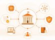 Orangefarbene Infografik mit einem Behördengebäude im Zentrum, das über Linien mit Symbolen für KI, Datenschutz, digitale Infrastruktur, Regulierung und Vernetzung verbunden ist.