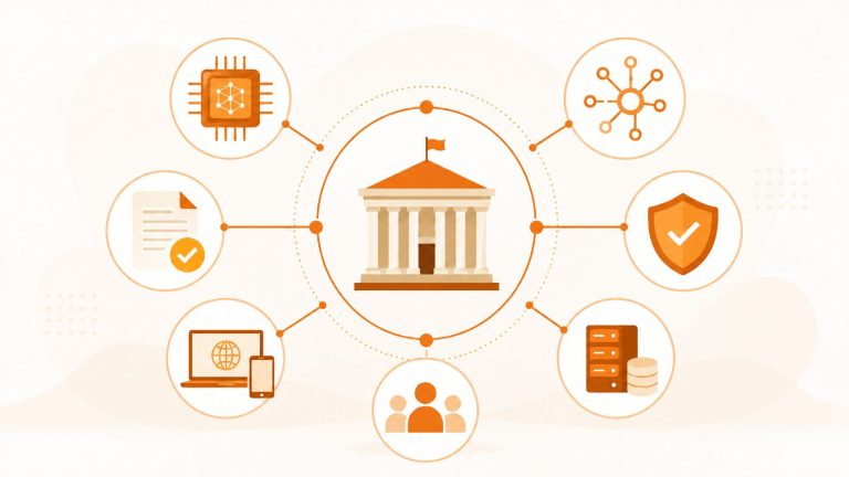 Bundesnetzagentur als zentrale Stelle für KI-Regulierung Orangefarbene Infografik mit einem Behördengebäude im Zentrum, das über Linien mit Symbolen für KI, Datenschutz, digitale Infrastruktur, Regulierung und Vernetzung verbunden ist.