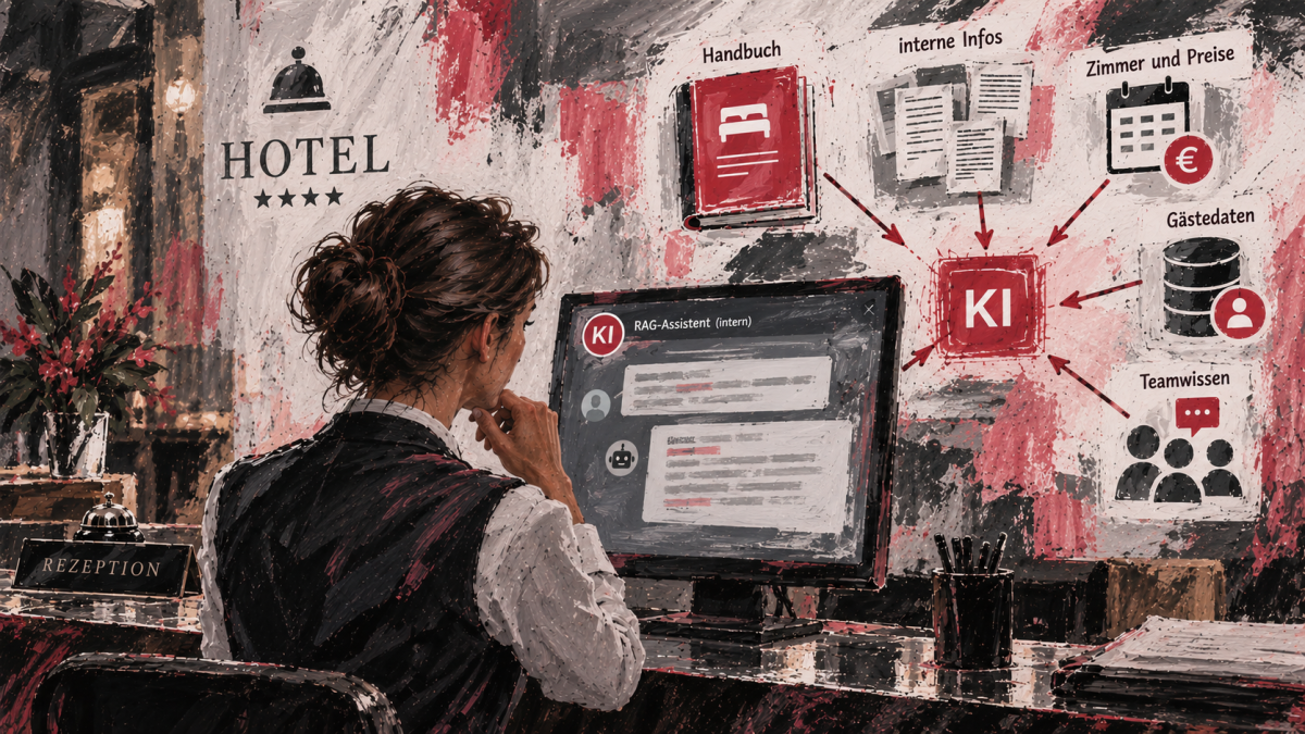 Hotelmitarbeiterin nutzt einen KI-Assistenten, der interne Informationen aus verschiedenen Datenquellen bündelt.