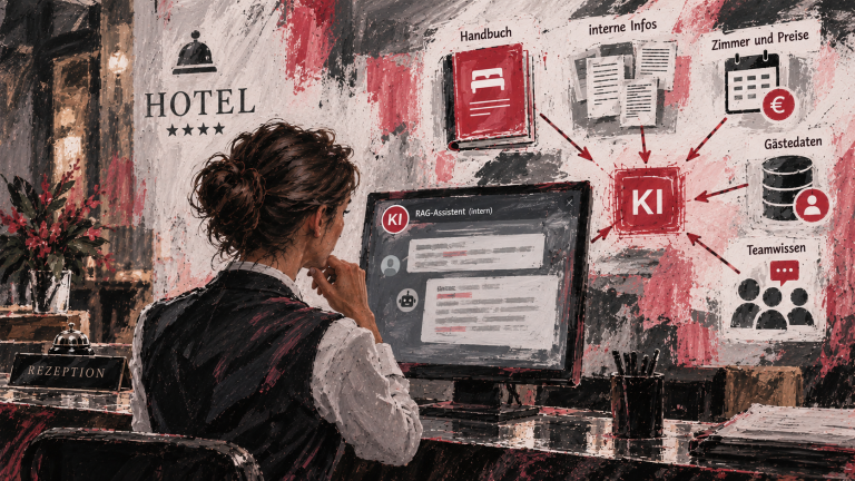 RAG für Kleinunternehmen Hotelmitarbeiterin nutzt einen KI-Assistenten, der interne Informationen aus verschiedenen Datenquellen bündelt.