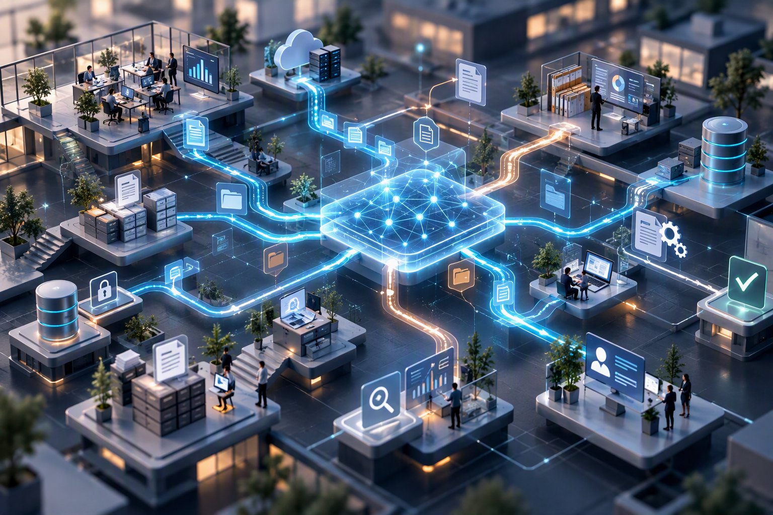 Digitale Unternehmenslandschaft mit verschiedenen Systemen und Arbeitsbereichen, die durch leuchtende blaue Datenströme mit einem zentralen KI-Netzwerk verbunden sind.