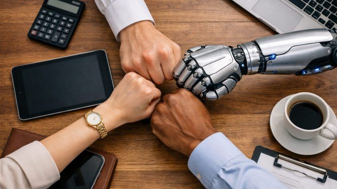 Top-Down-Ansicht eines modernen Holzschreibtisches im Business-Umfeld: Vier Fäuste treffen sich in einer Team-Geste in der Mitte – drei menschliche Hände in Business-Kleidung und ein futuristischer silberner Roboterarm mit blauen LED-Elementen. Auf dem Tisch liegen Laptop, Tablet, Smartphone auf einem Notizbuch, Taschenrechner, Dokumente, Clipboard und eine Kaffeetasse. Symbolbild für Wissensmanagement mit Künstlicher Intelligenz und Zusammenarbeit zwischen Mensch und Technologie.