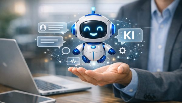 Person im Büro hält eine Hand, darüber schwebt ein freundlicher KI-Chatbot mit holografischen Chat-Symbolen.