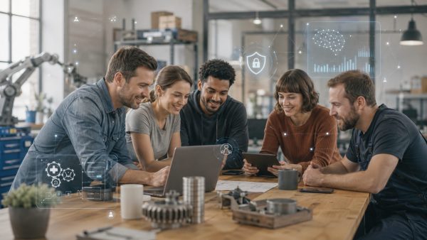 Fünf Personen sitzen gemeinsam an einem Tisch in einer Werkstatt- oder Produktionsumgebung und arbeiten mit Laptop und Tablet. Im Vordergrund liegen technische Bauteile und Werkzeuge. Über dem Bild sind digitale Symbole und grafische Elemente eingeblendet, darunter ein Schloss, ein Netzwerkdiagramm, Diagramme und Prozesssymbole, die Themen wie Künstliche Intelligenz, Digitalisierung, Datensicherheit und Zusammenarbeit veranschaulichen.