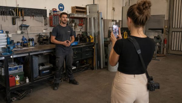 Eine Frau filmt mit ihrem Smartphone einen Handwerker, der vor einer Werkbank in einer gut ausgestatteten Werkstatt steht und in die Kamera spricht.