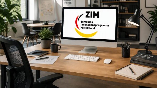 Moderner Computer auf einem Schreibtisch in einer Büroumgebung. Auf dem Bildschirm ist das Logo des Zentralen Innovationsprogramms Mittelstand (ZIM) mit den Schriftzügen „ZIM“ und „Zentrales Innovationsprogramm Mittelstand“ zu sehen. Auf dem Schreibtisch befinden sich Tastatur, Maus, Notizbuch, Stifte, eine Schreibtischlampe sowie Pflanzen im Hintergrund.