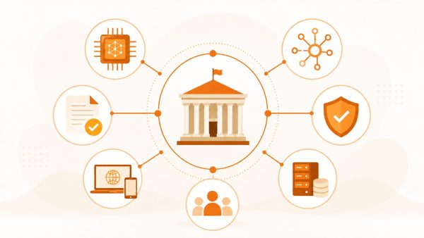 Orangefarbene Infografik mit einem Behördengebäude im Zentrum, das über Linien mit Symbolen für KI, Datenschutz, digitale Infrastruktur, Regulierung und Vernetzung verbunden ist.